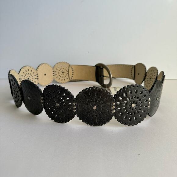 Black Leather Statement Belt Silver Buckle Western Cutout Amiee Lynn 2X -3X - Picture 5 of 12